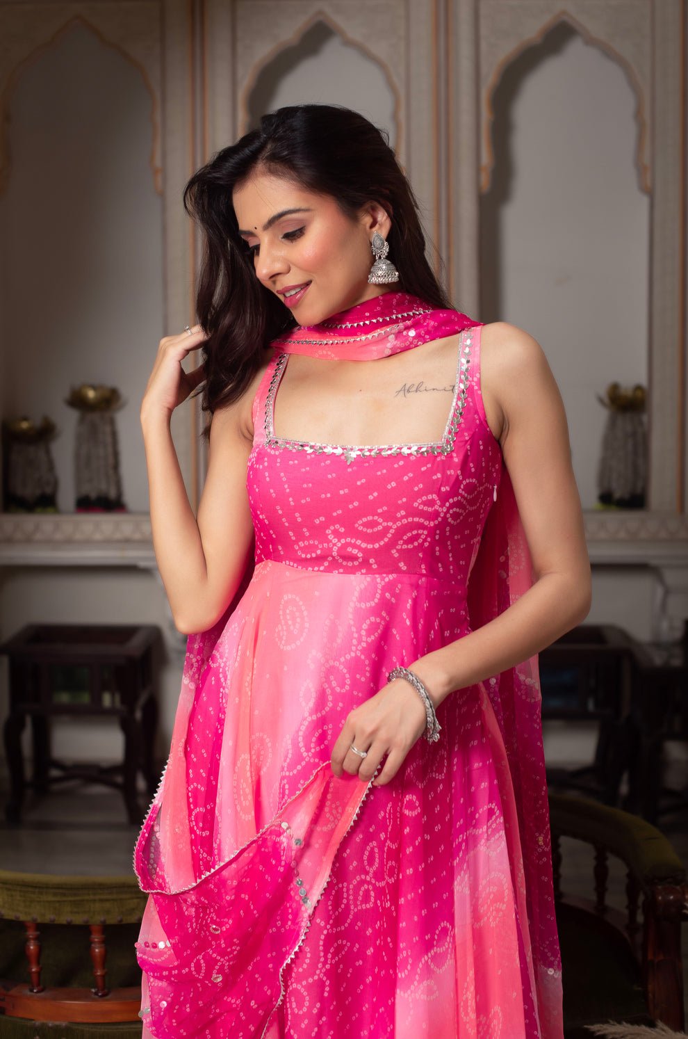 Gorgeous Rani Pink Georgette Anarkali Gown With Mirror Work