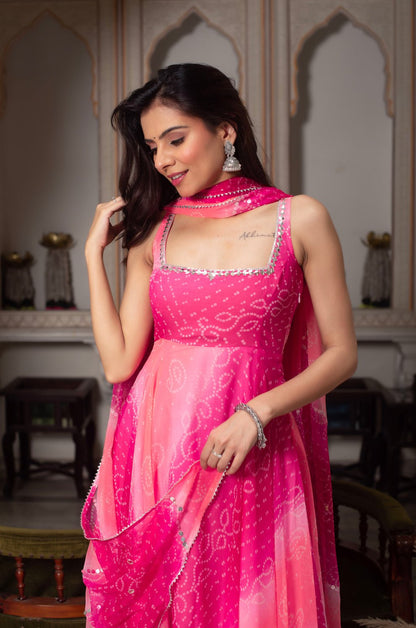 Gorgeous Rani Pink Georgette Anarkali Gown With Mirror Work