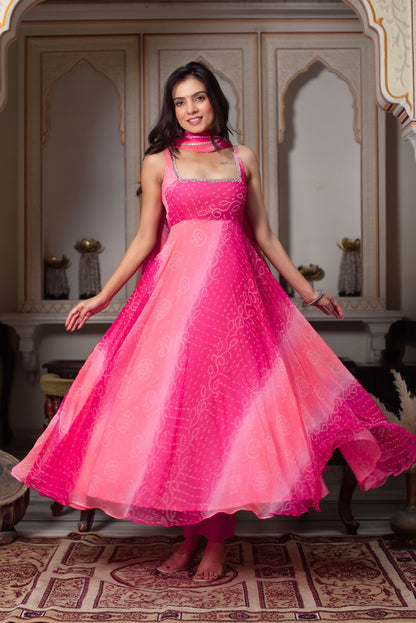 Gorgeous Rani Pink Georgette Anarkali Gown With Mirror Work
