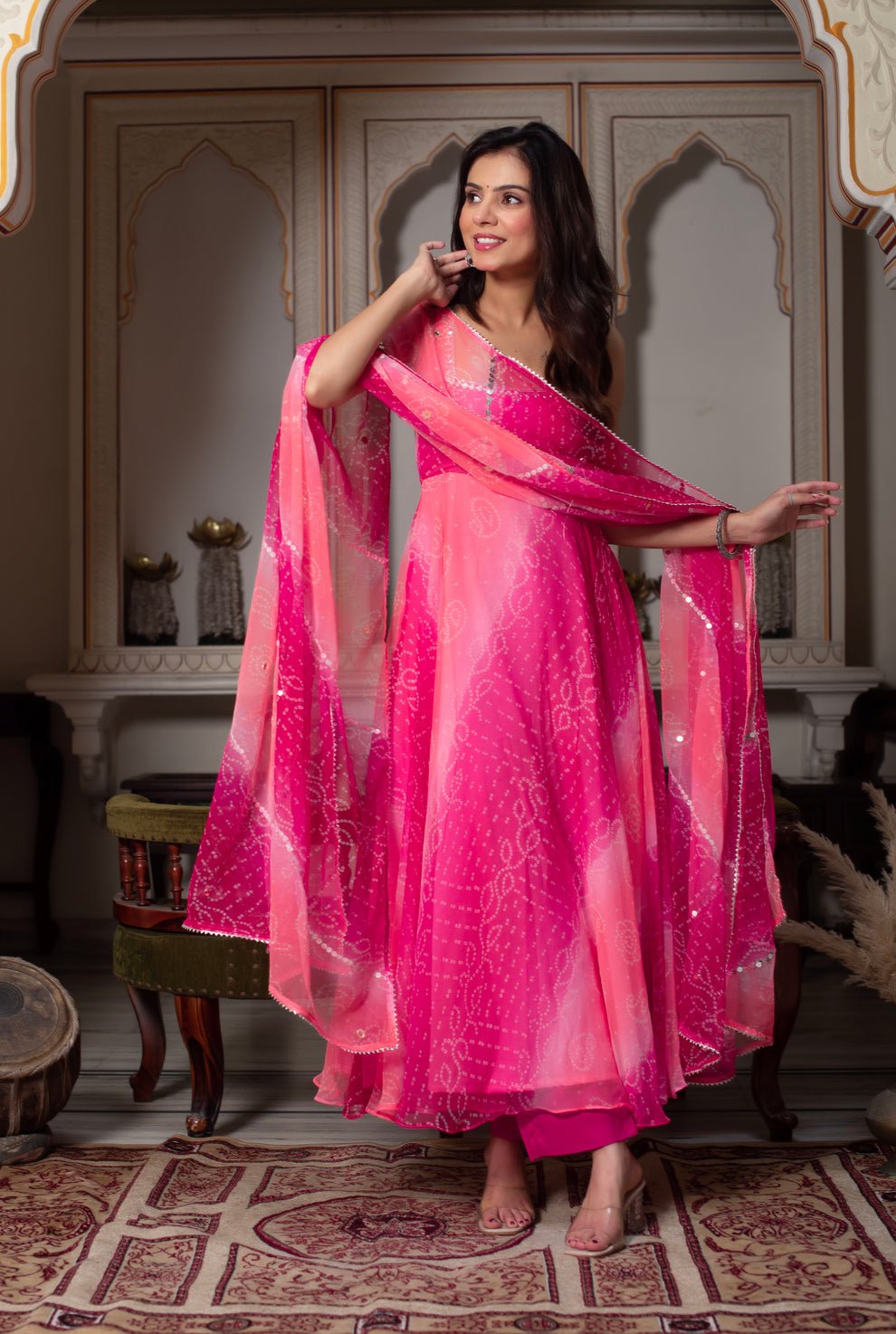 Gorgeous Rani Pink Georgette Anarkali Gown With Mirror Work