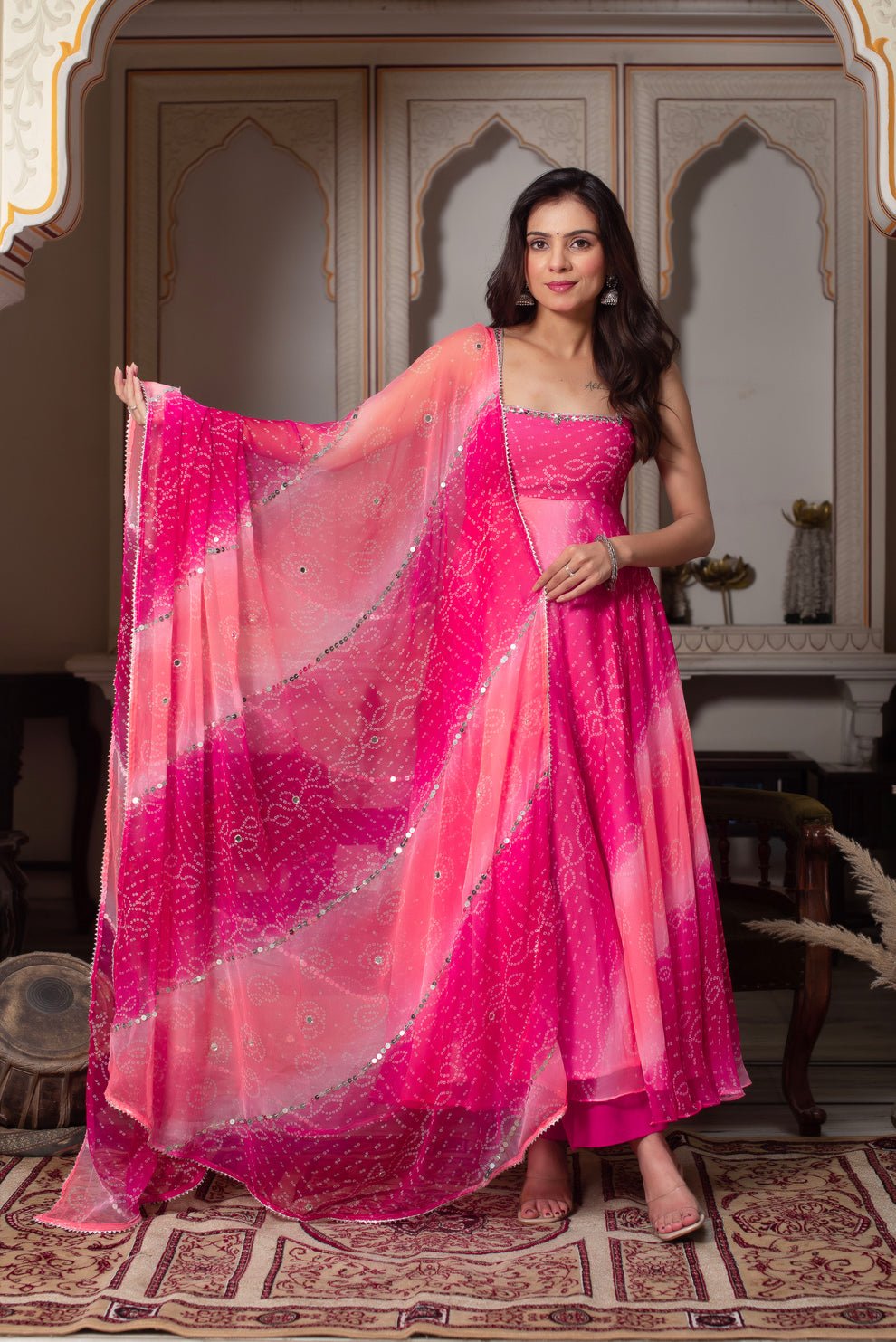 Gorgeous Rani Pink Georgette Anarkali Gown With Mirror Work