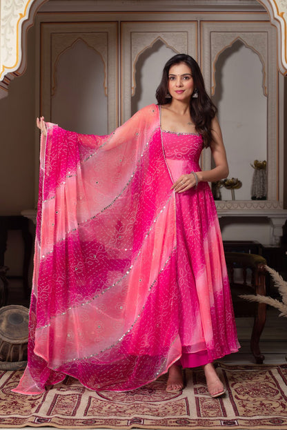 Gorgeous Rani Pink Georgette Anarkali Gown With Mirror Work