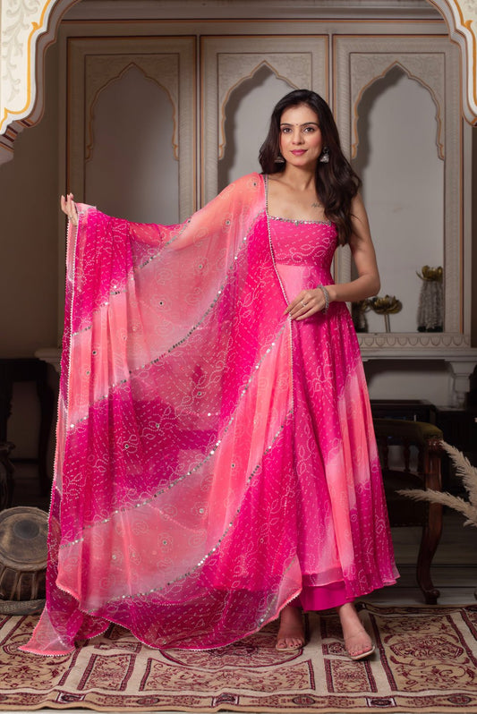 Gorgeous Rani Pink Georgette Anarkali Gown With Mirror Work
