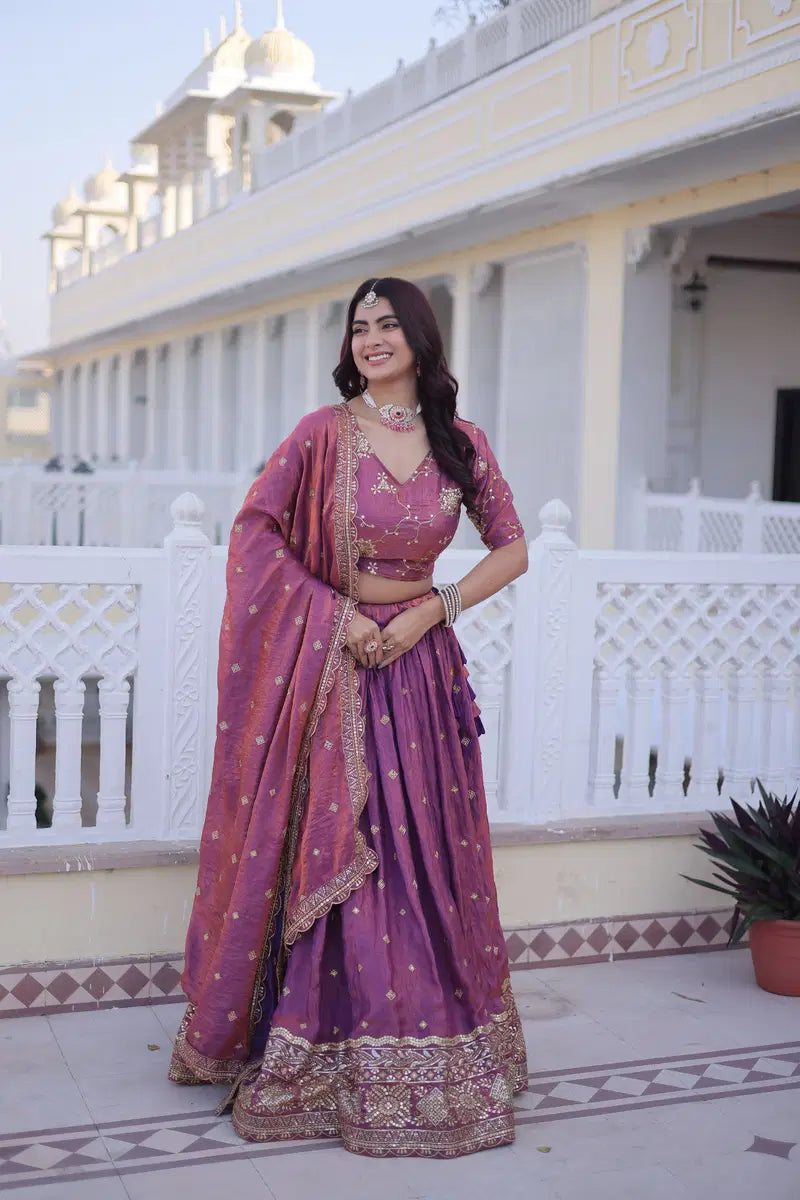 Plum Purple Silk Lehenga With Sequins Embroidery Work