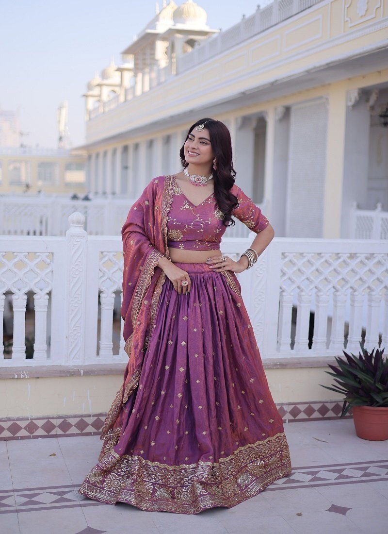 Plum Purple Silk Lehenga With Sequins Embroidery Work