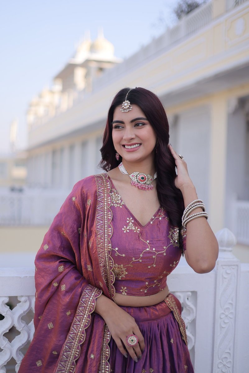 Plum Purple Silk Lehenga With Sequins Embroidery Work