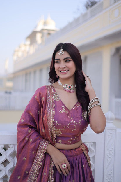 Plum Purple Silk Lehenga With Sequins Embroidery Work