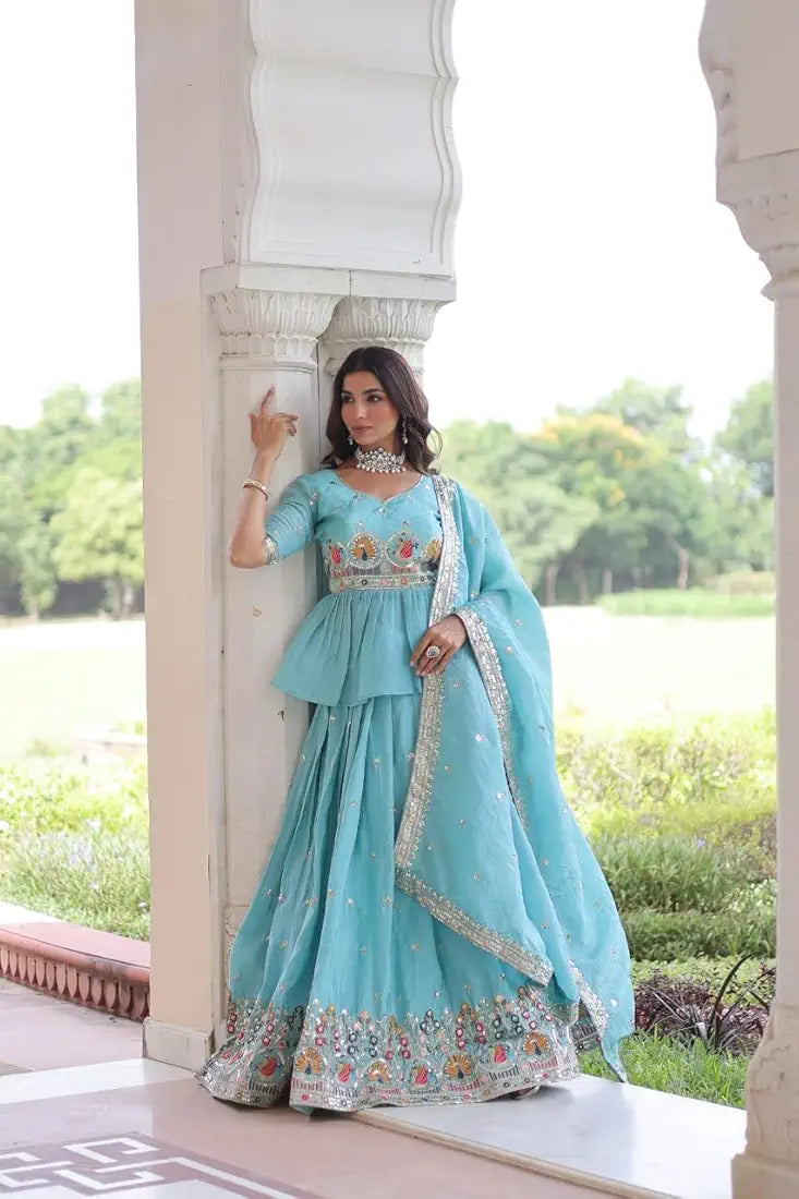 Sky Blue Gold Crush Lehenga With Multi Thread Embroidery Zari Sequins