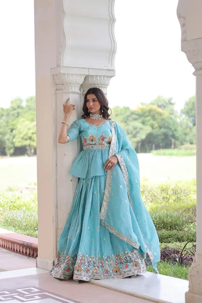 Sky Blue Gold Crush Lehenga With Multi Thread Embroidery Zari Sequins