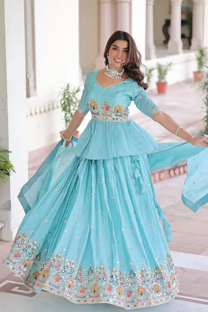 Sky Blue Gold Crush Lehenga With Multi Thread Embroidery Zari Sequins