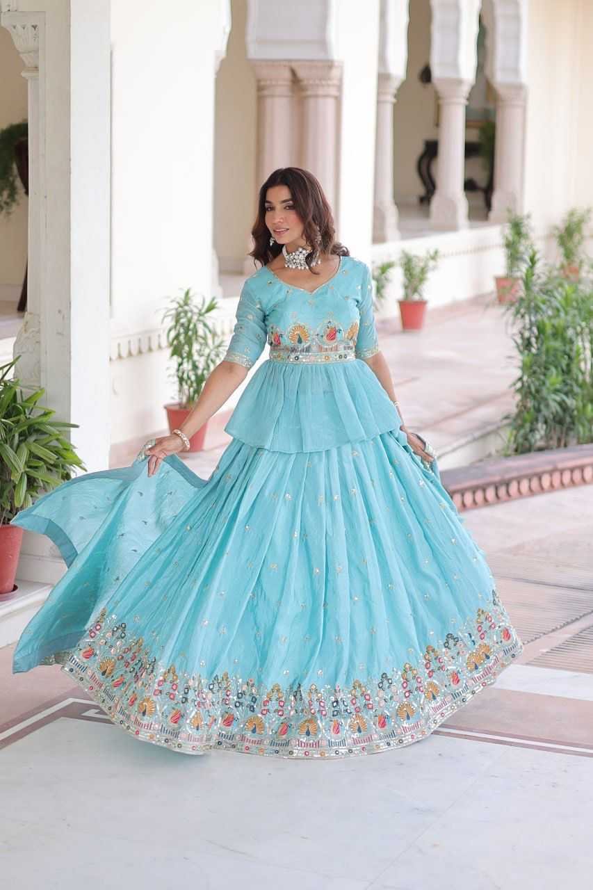 Sky Blue Gold Crush Lehenga With Multi Thread Embroidery Zari Sequins