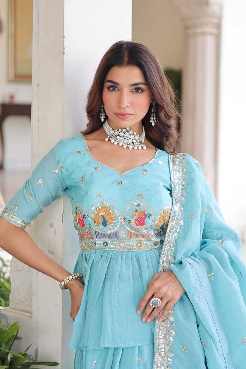 Sky Blue Gold Crush Lehenga With Multi Thread Embroidery Zari Sequins