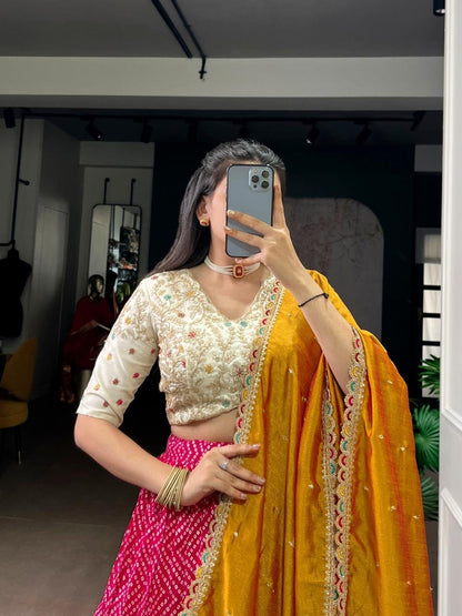 Trendy Bandhej And Ajrakh Printed Lehenga With Sequins Work