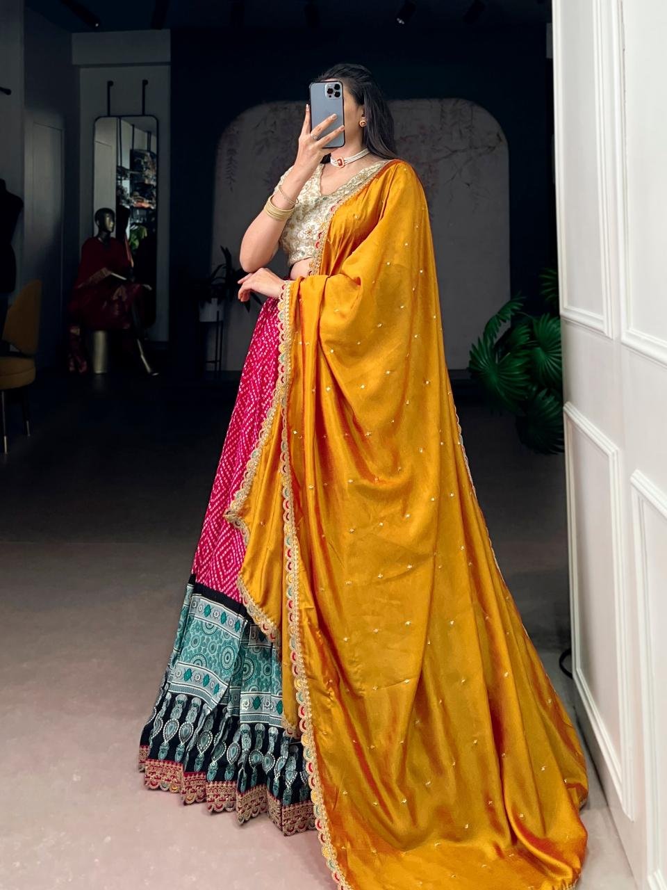 Trendy Bandhej And Ajrakh Printed Lehenga With Sequins Work