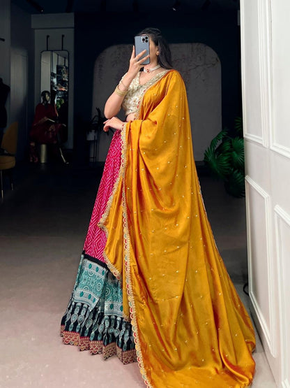 Trendy Bandhej And Ajrakh Printed Lehenga With Sequins Work