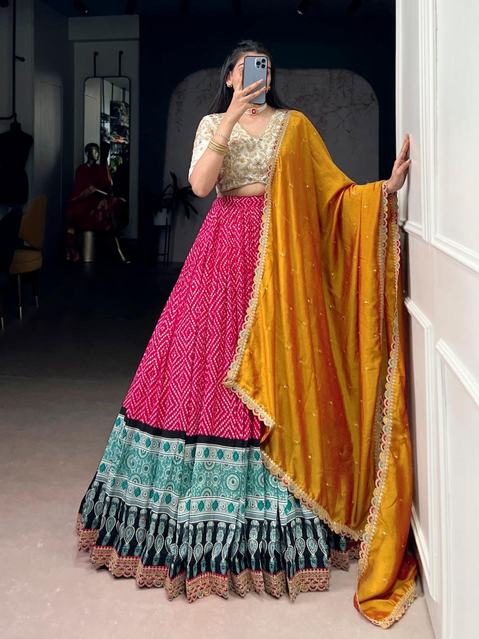 Trendy Bandhej And Ajrakh Printed Lehenga With Sequins Work