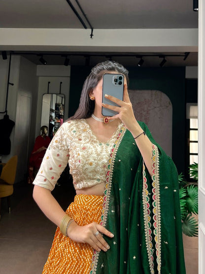 Gorgeous Yellow Bandhej And Ajrakh Printed With Sequins Work