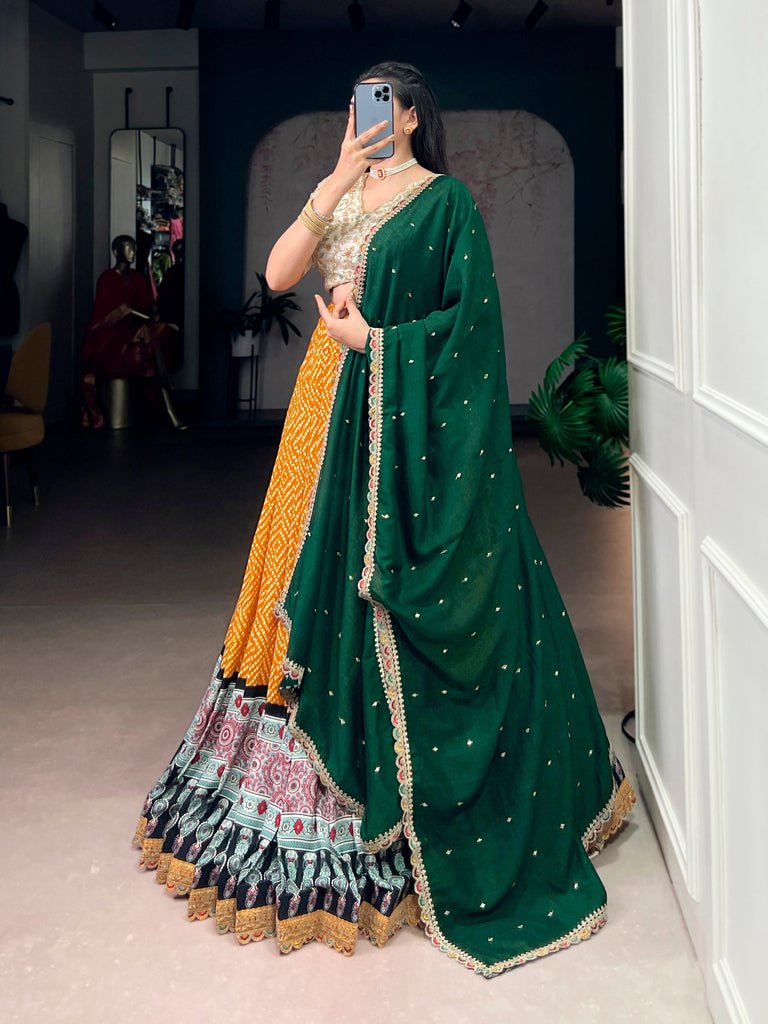 Gorgeous Yellow Bandhej And Ajrakh Printed With Sequins Work
