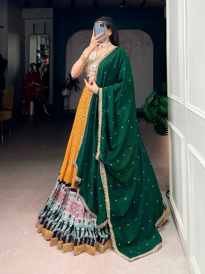 Gorgeous Yellow Bandhej And Ajrakh Printed With Sequins Work