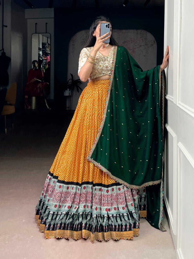 Gorgeous Yellow Bandhej And Ajrakh Printed With Sequins Work