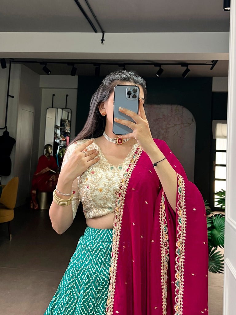 Latest Bandhej &amp; Ajrakh Printed Lehenga With Sequins Work