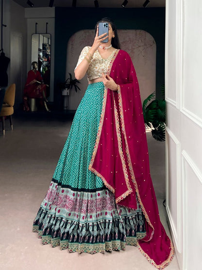 Latest Bandhej &amp; Ajrakh Printed Lehenga With Sequins Work