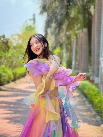 Fabulous Rainbow Silk Organza Lehenga With Digital Work