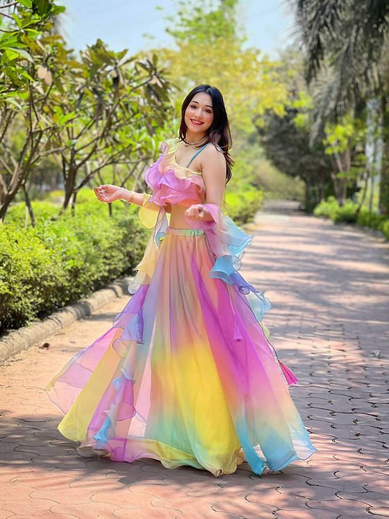 Fabulous Rainbow Silk Organza Lehenga With Digital Work