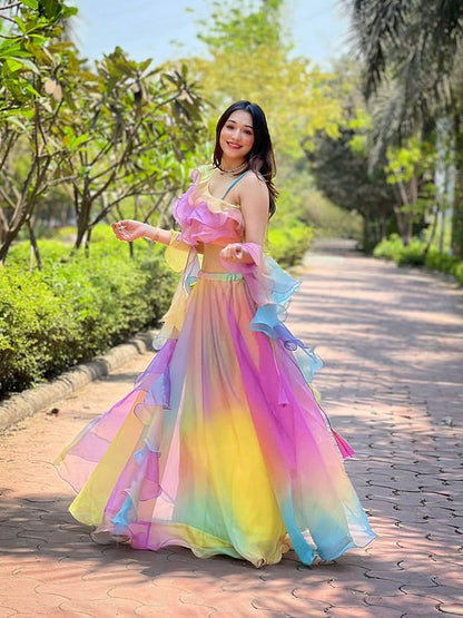 Fabulous Rainbow Silk Organza Lehenga With Digital Work