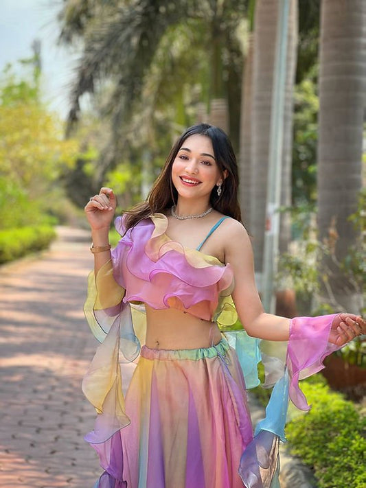 Fabulous Rainbow Silk Organza Lehenga With Digital Work