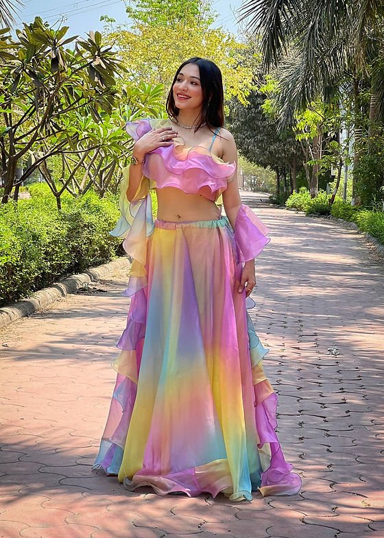 Fabulous Rainbow Silk Organza Lehenga With Digital Work