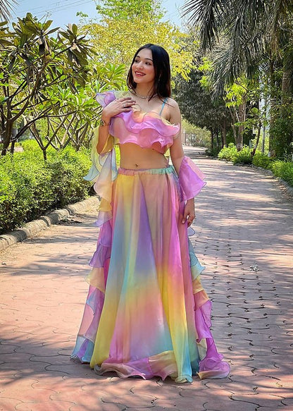 Fabulous Rainbow Silk Organza Lehenga With Digital Work