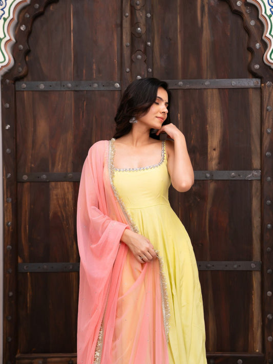 Fabulous Yellow Faux Georgette Anarkali Suit Set