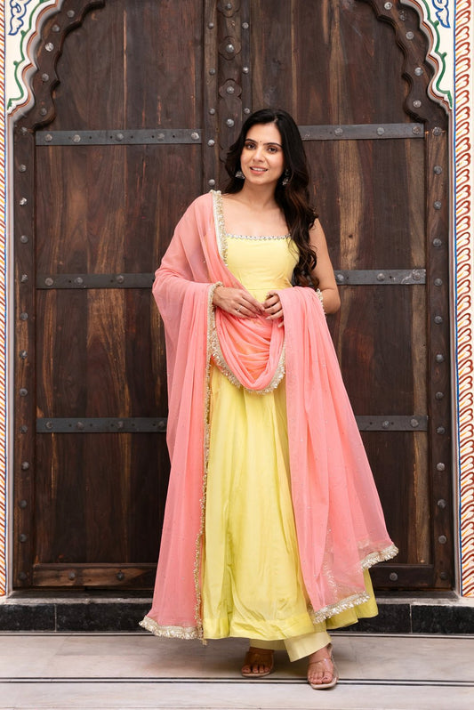 Fabulous Yellow Faux Georgette Anarkali Suit Set