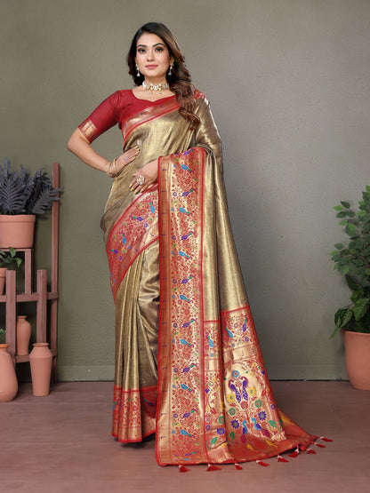 Gorgeous Beige Banarasi Tissue Silk Saree With Weaving Butties
