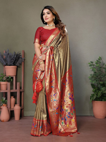 Gorgeous Beige Banarasi Tissue Silk Saree With Weaving Butties