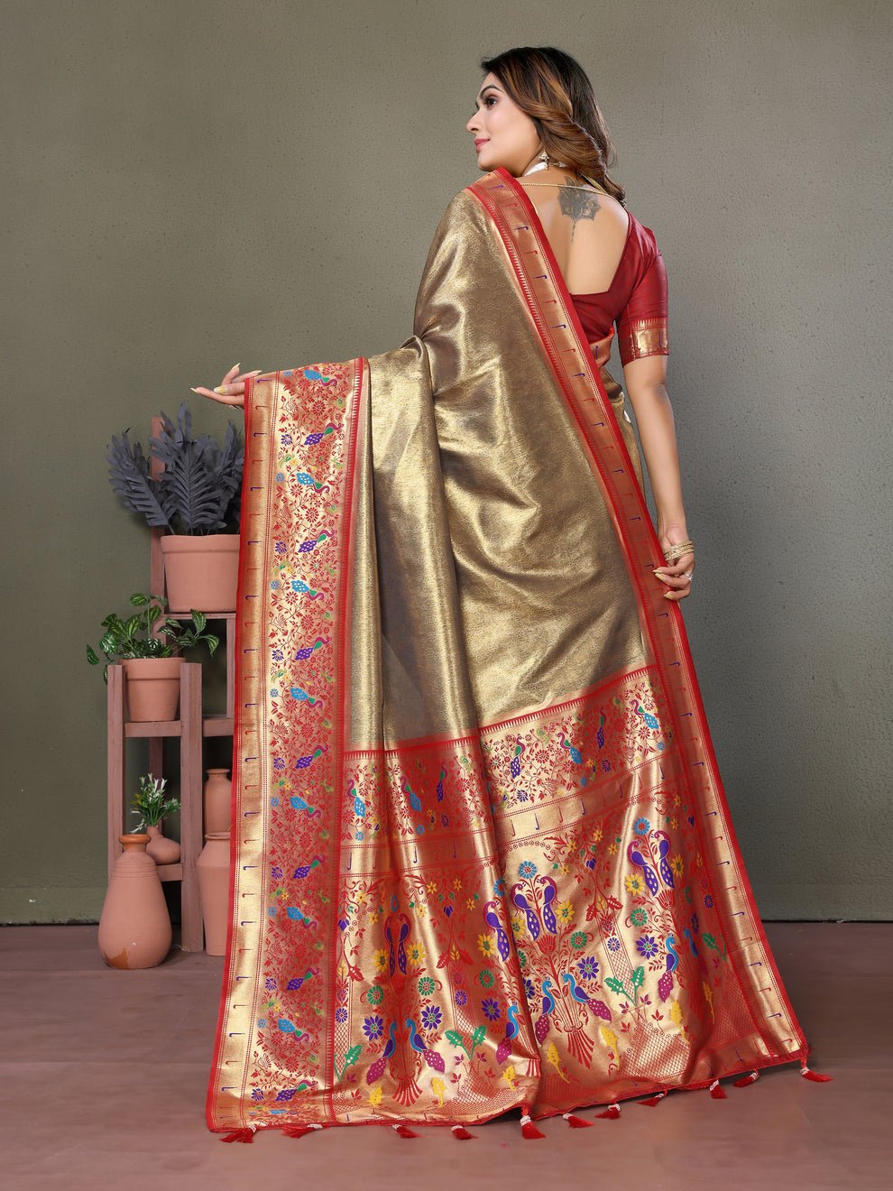 Gorgeous Beige Banarasi Tissue Silk Saree With Weaving Butties
