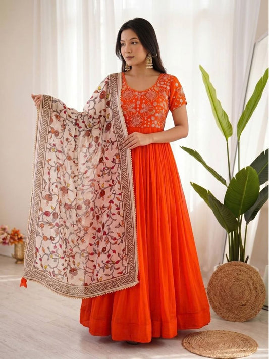 Soft Georgette Silk Embroidery Gown With Printed Lace Work On Dupatta