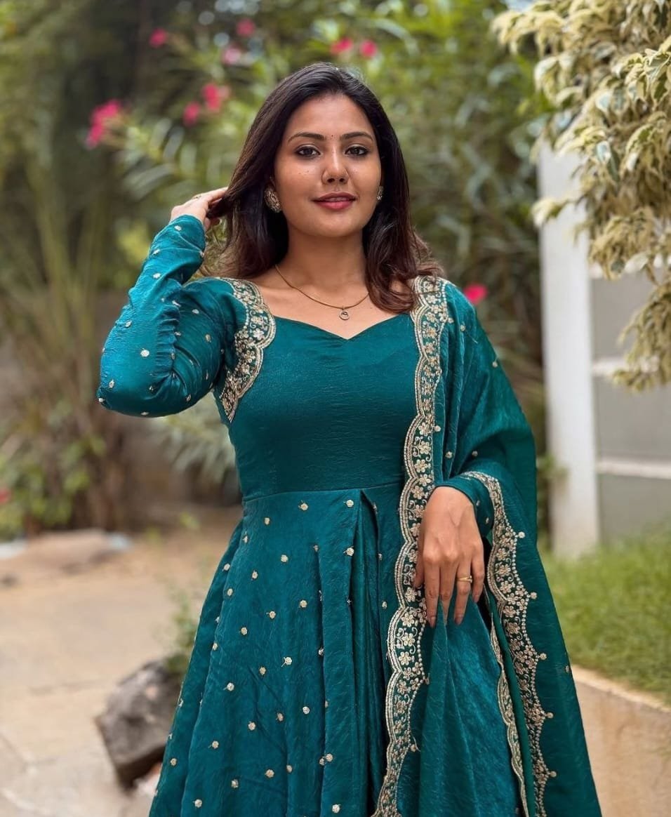 Elegant Silk Anarkali With Sequin Work Dupatta