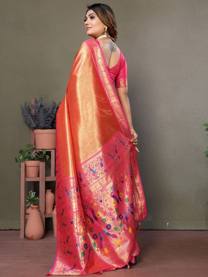 Peach Orange Pure Banarasi Tissue Silk Saree With Butti Weave