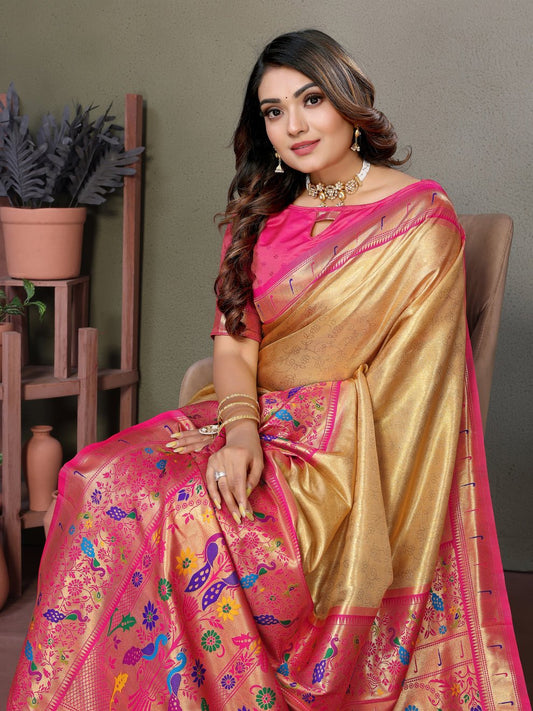 Gold Pure Banarasi Tissue Silk Saree With Butties Work