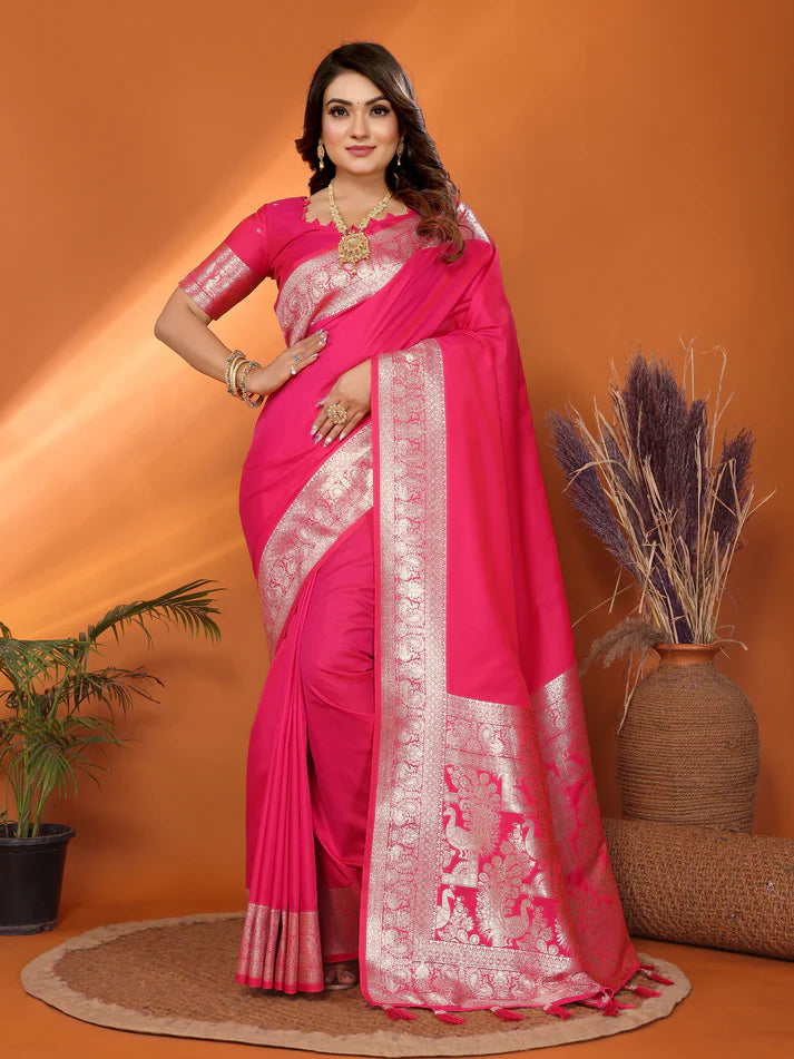 Pink Banarasi Silk Saree With Beautiful Gala Weaving