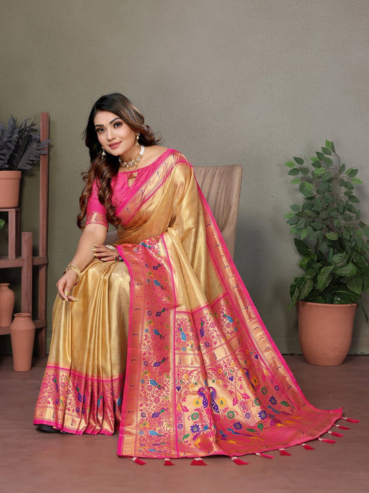 Gold Pure Banarasi Tissue Silk Saree With Butties Work