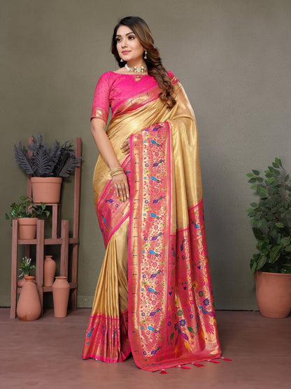 Gold Pure Banarasi Tissue Silk Saree With Butties Work