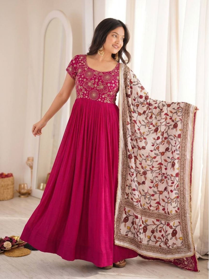 Soft Georgette Silk Embroidery Gown With Printed Lace Work On Dupatta