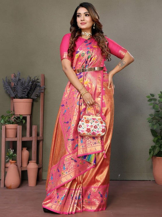 Peach Orange Pure Banarasi Tissue Silk Saree With Butti Weave