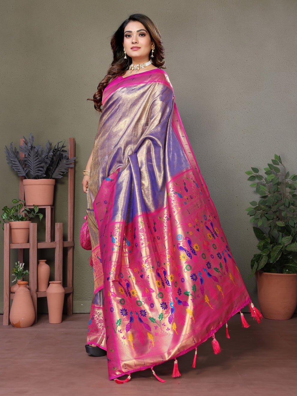 Lavender Pure Banarasi Tissue Silk Saree With Weaving Butties