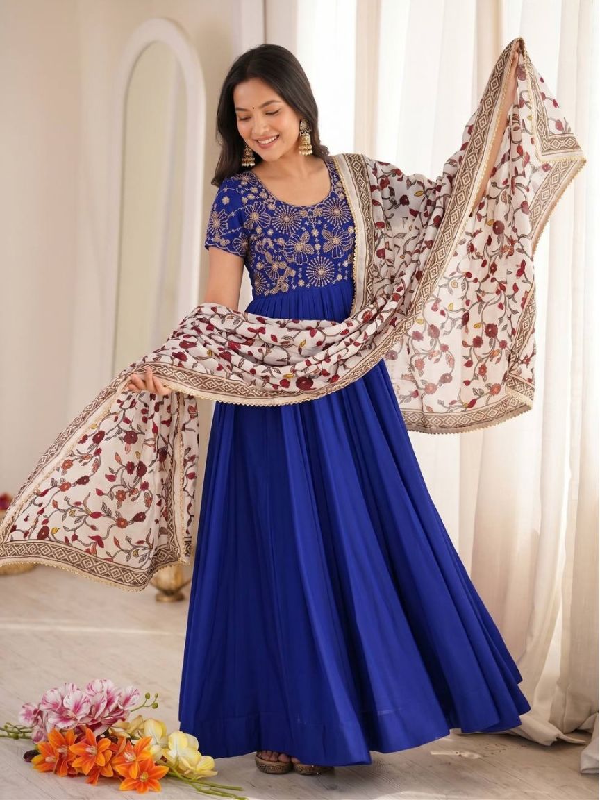 Soft Georgette Silk Embroidery Gown With Printed Lace Work On Dupatta