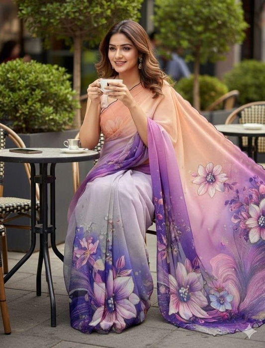 Latest Party Wear Multi Color Soft Chiffon Saree With Floral Print