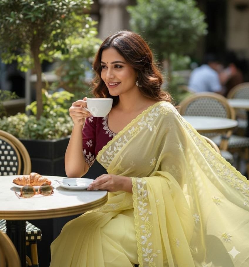Trendy Chiffon Saree With Embroidery Panel Work